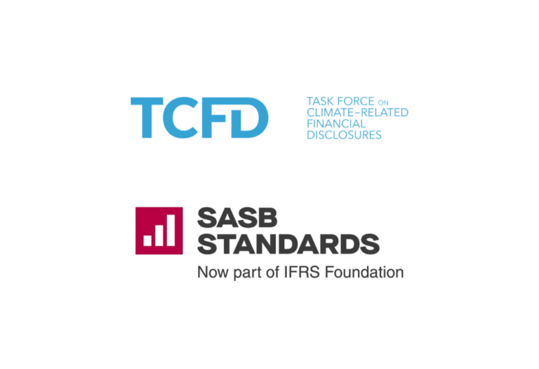 TCFD (Task Force on Climate-related Financial Disclosures) logo and SASB (Sustainability Accounting Standards Board) logo.