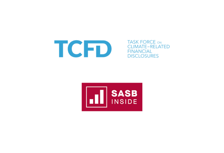 TCFD (Task Force on Climate-related Financial Disclosures) logo and SASB (Sustainability Accounting Standards Board) logo.